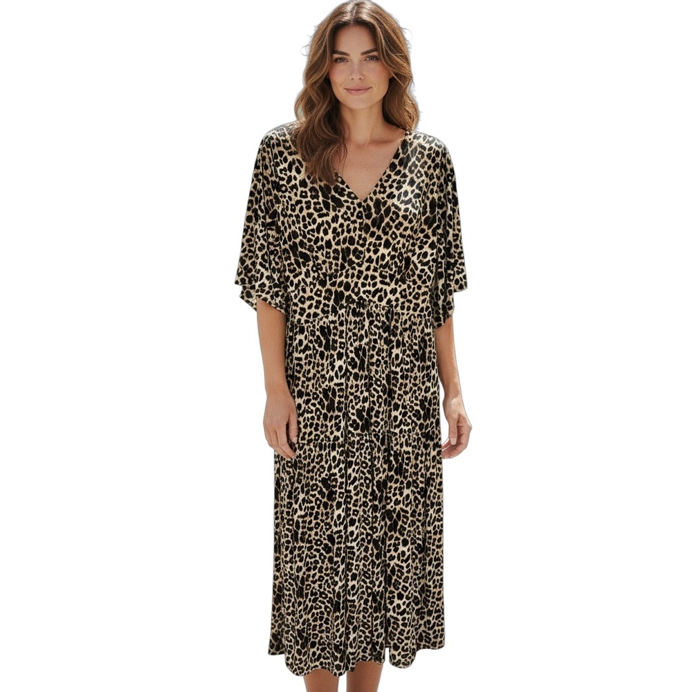 Calessa Women's Leopard Print Midi Dress Size L V-Neck handkerchief sleeve.